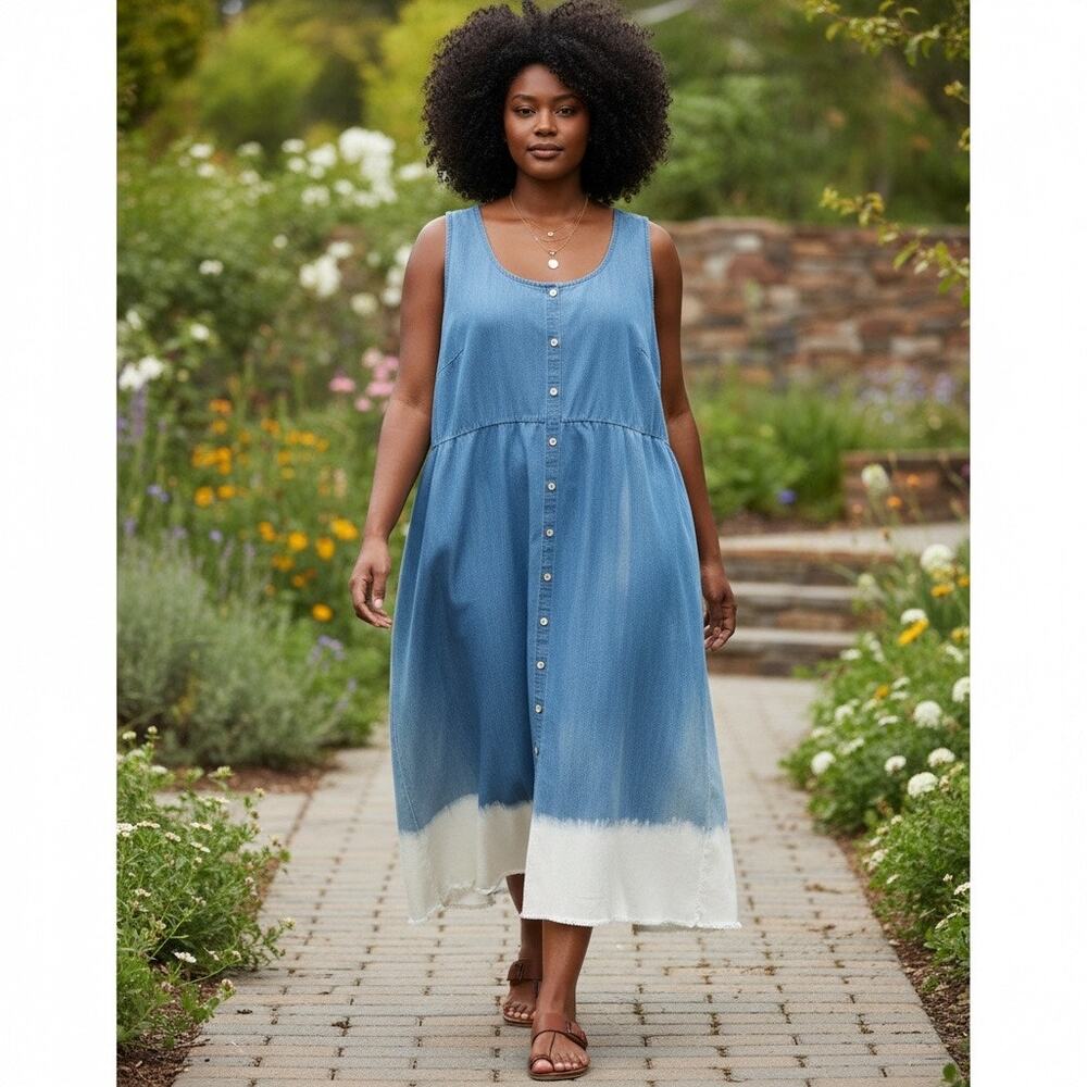 JunaRose Denim Boho Midi Dress SIZE 24 Western Faded Sundress Cotton $90 NEW